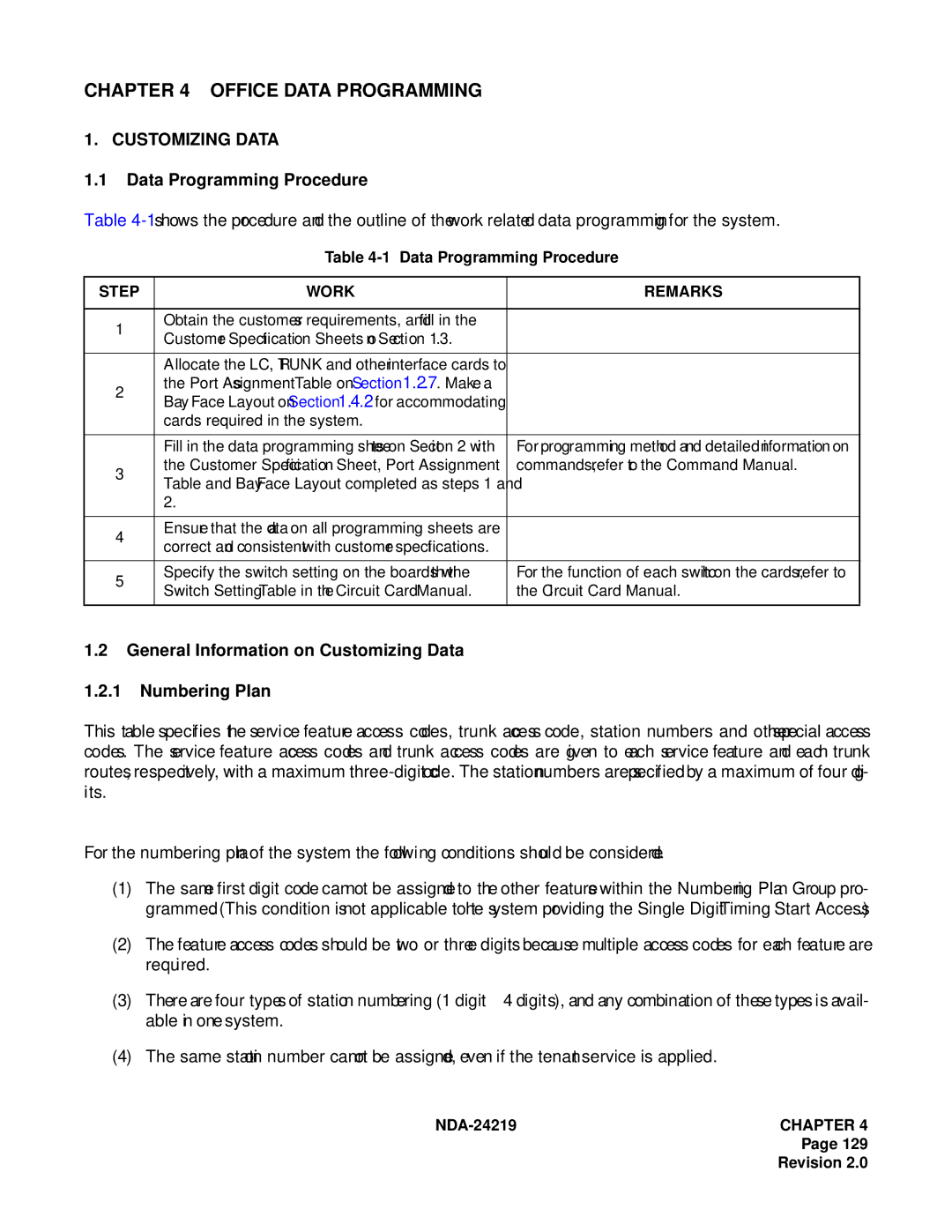 NEC NEAX1000IVS Data Programming Procedure, General Information on Customizing Data Numbering Plan, Step Work Remarks 