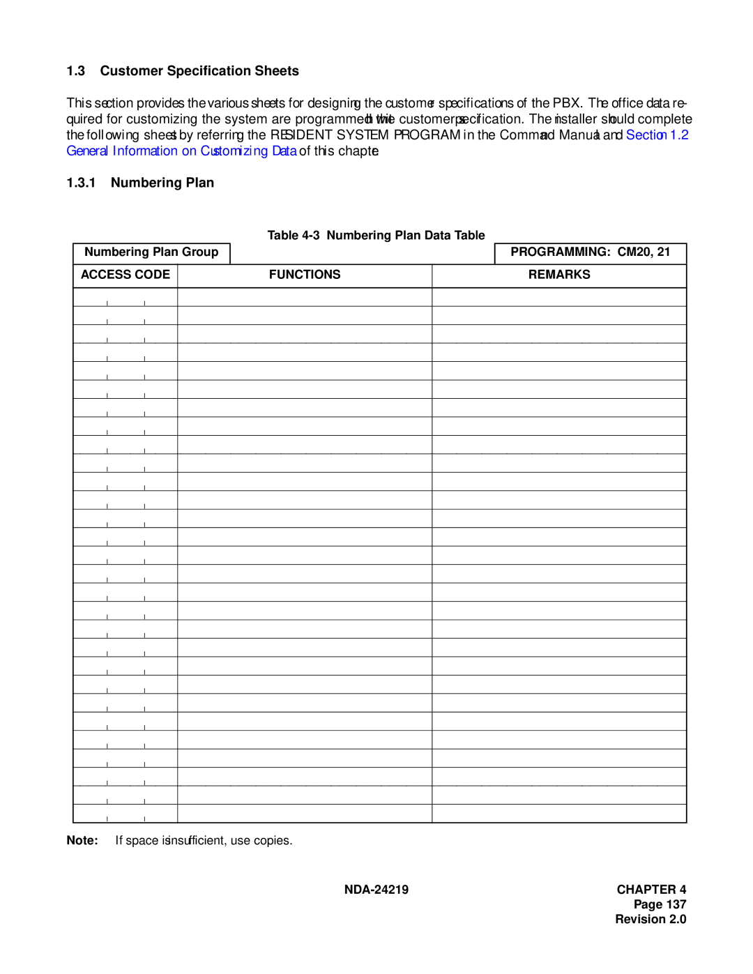 NEC NEAX1000IVS Customer Specification Sheets, Programming CM20, Access Code Functions Remarks NDA-24219CHAPTER 