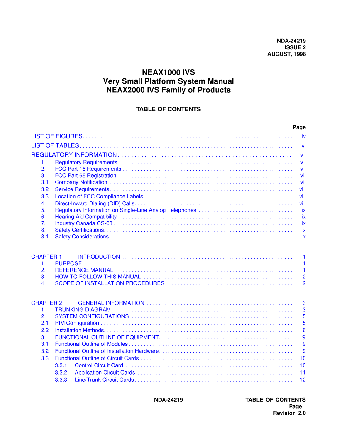 NEC NEAX1000IVS system manual NEAX1000 IVS, Table of Contents 