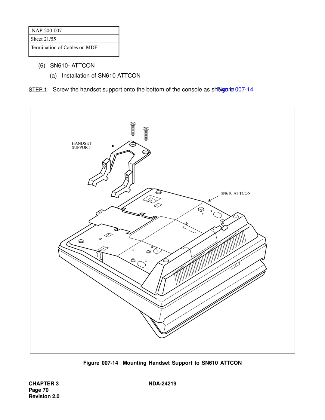 NEC NEAX1000IVS system manual Mounting Handset Support to SN610 Attcon 