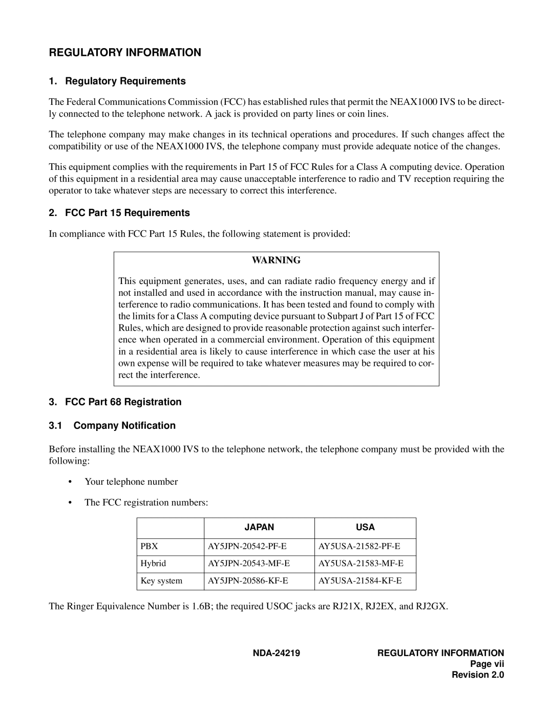 NEC NEAX1000IVS Regulatory Requirements, FCC Part 15 Requirements, FCC Part 68 Registration Company Notification, Pbx 