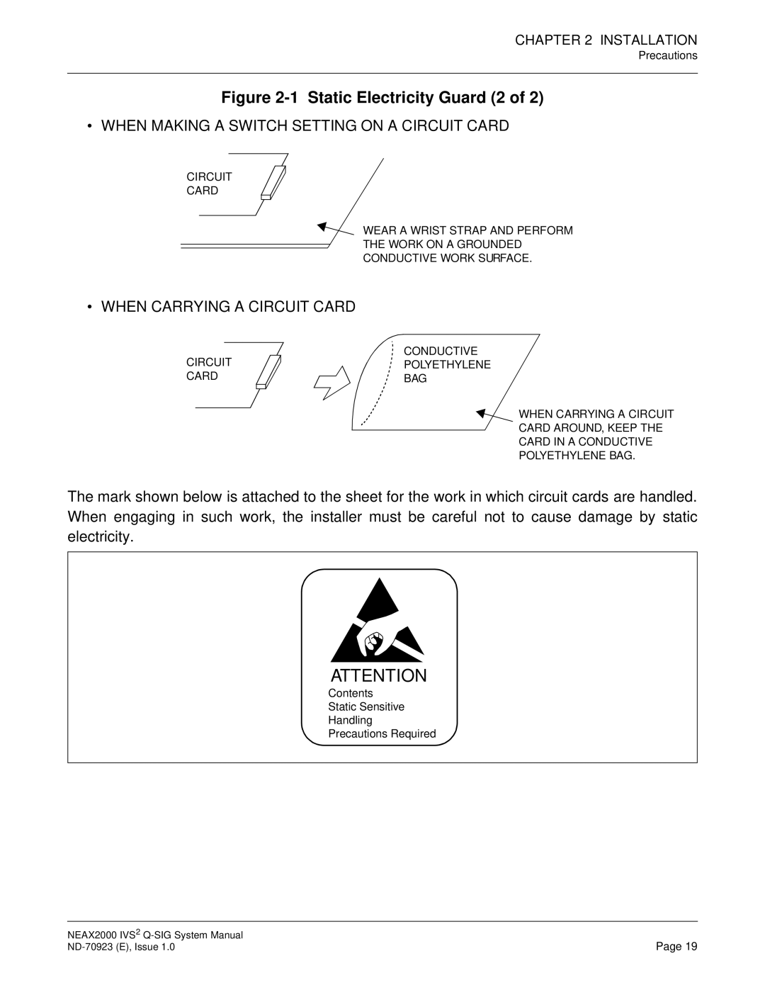 NEC NEAX2000 IVS2 system manual When Making a Switch Setting on a Circuit Card, When Carrying a Circuit Card 