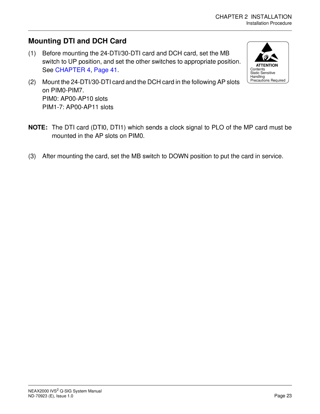 NEC NEAX2000 IVS2 system manual Mounting DTI and DCH Card 