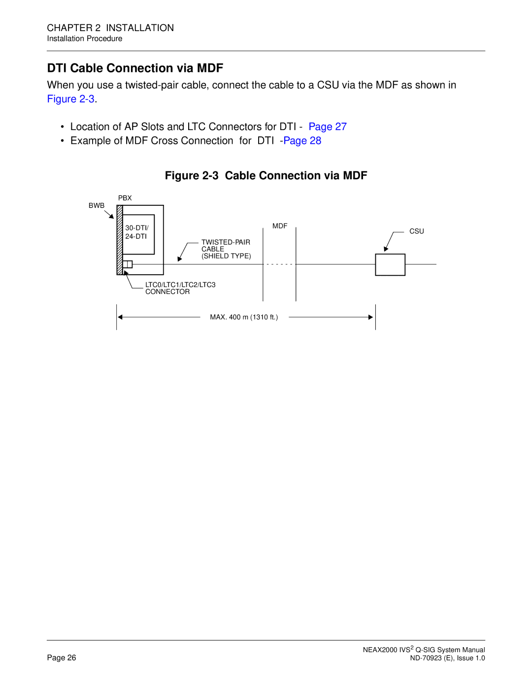 NEC NEAX2000 IVS2 system manual DTI Cable Connection via MDF 