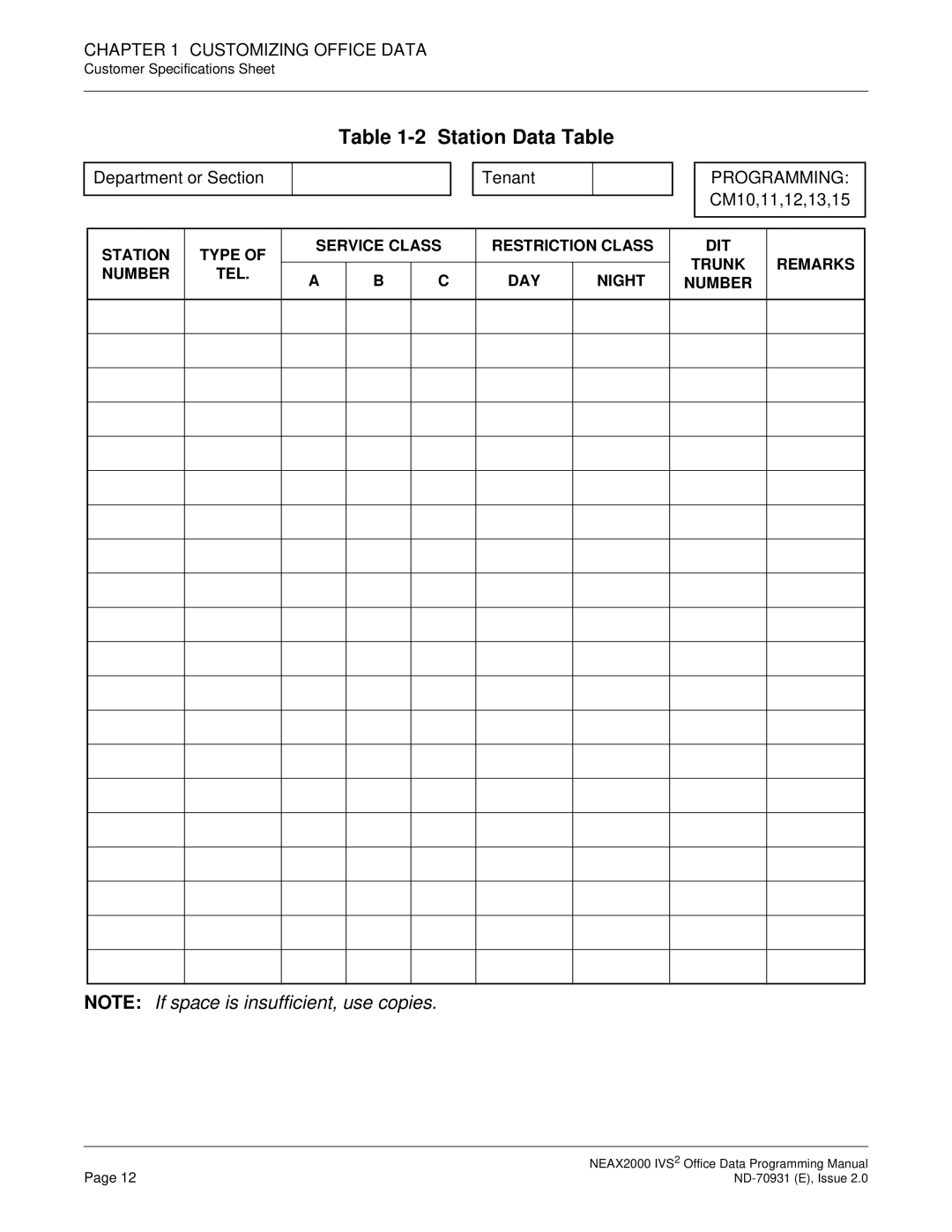 NEC NEAX2000 IVS2 manual Department or Section Tenant, CM10,11,12,13,15 