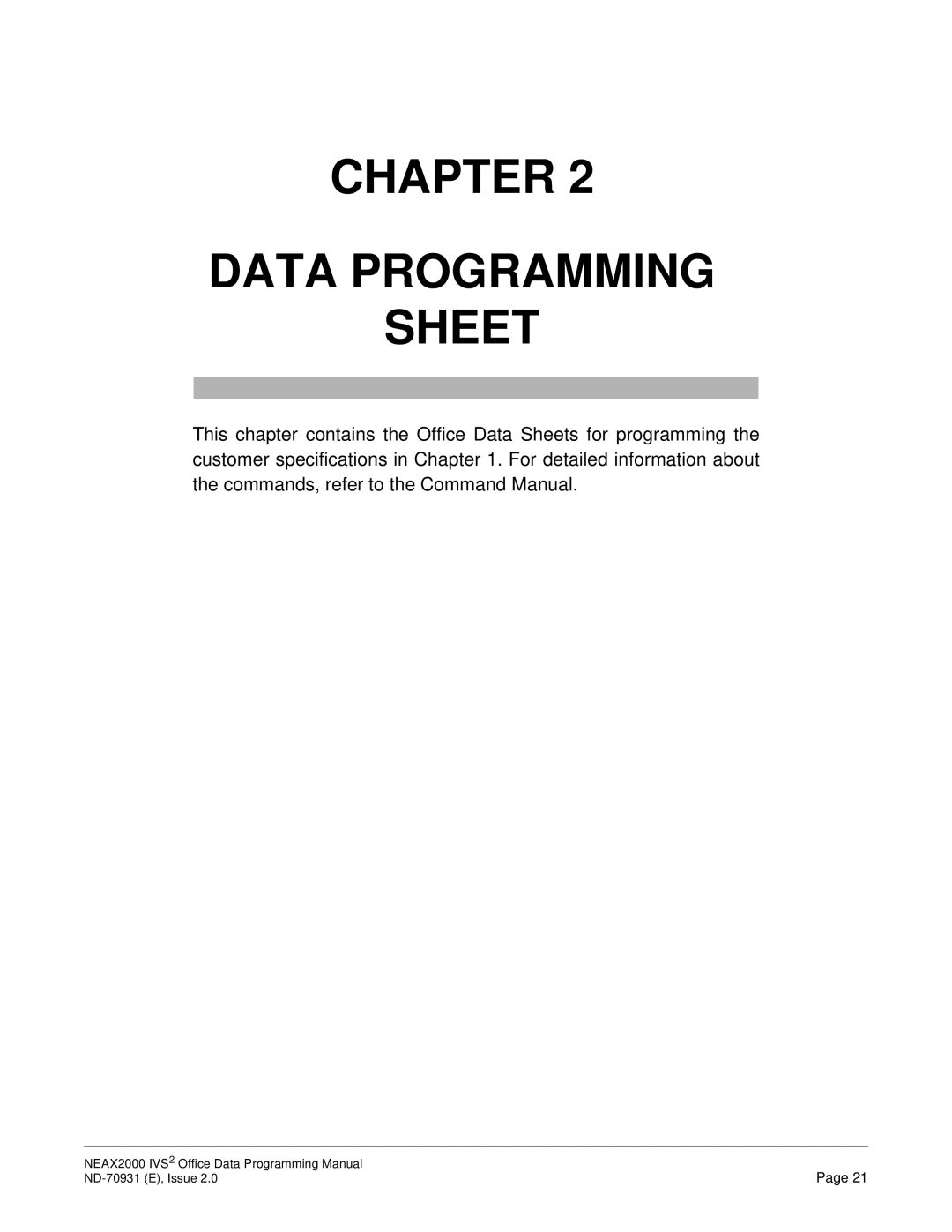 NEC NEAX2000 IVS2 manual Chapter Data Programming Sheet 