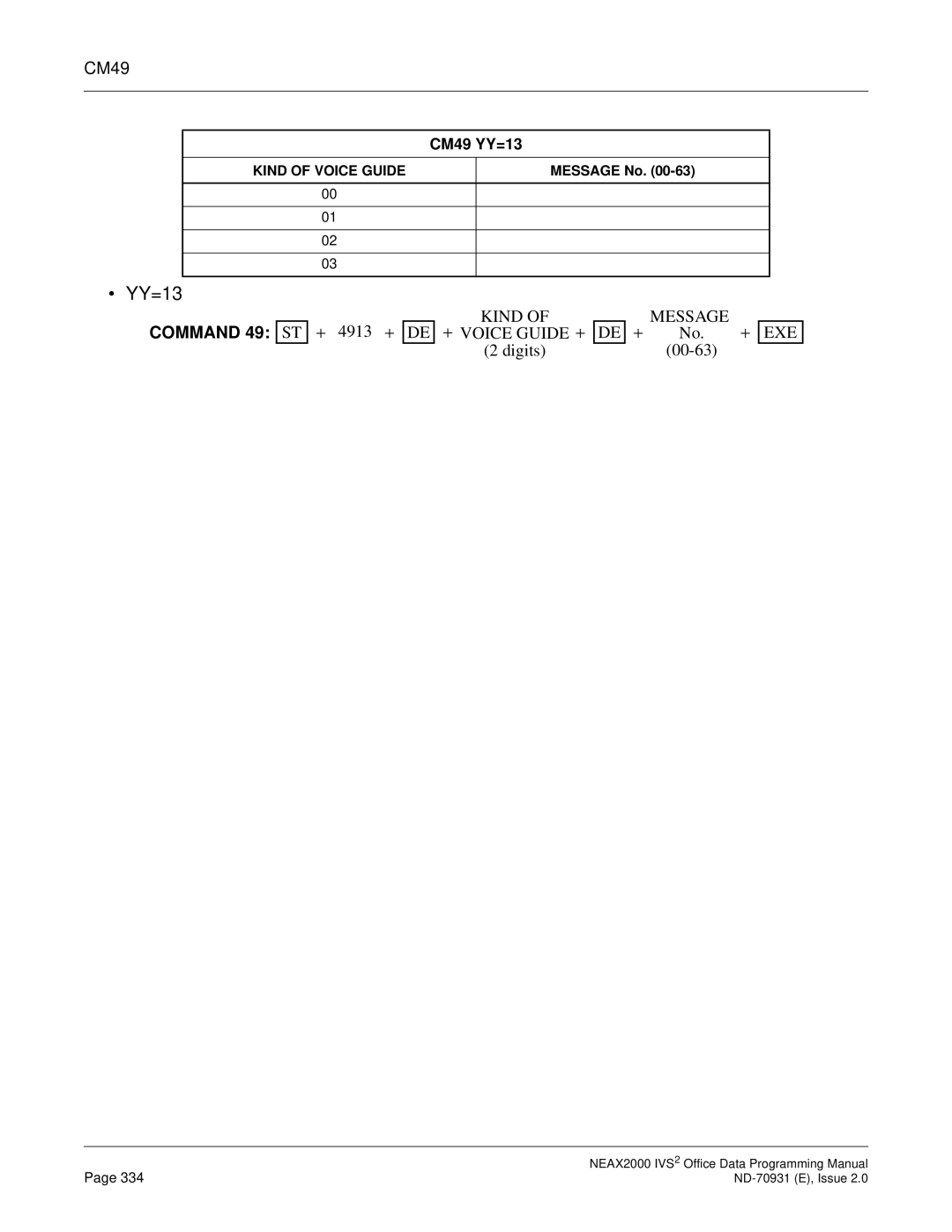 NEC NEAX2000 IVS2 manual YY=13, Command 49 ST + 4913 + 