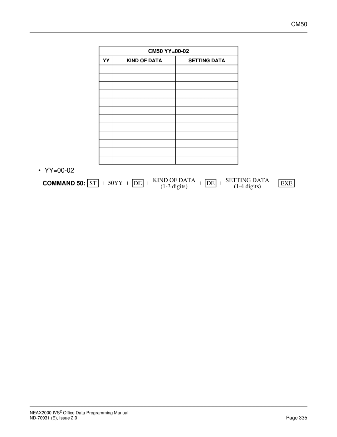 NEC NEAX2000 IVS2 manual YY=00-02, CM50, Command 50 ST 