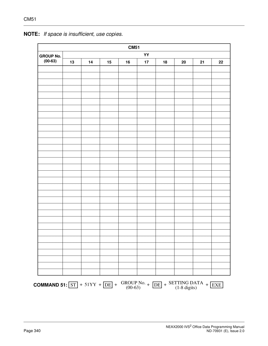 NEC NEAX2000 IVS2 manual + 51YY + + Group No. + DE + Setting Data + EXE 1-8 digits 