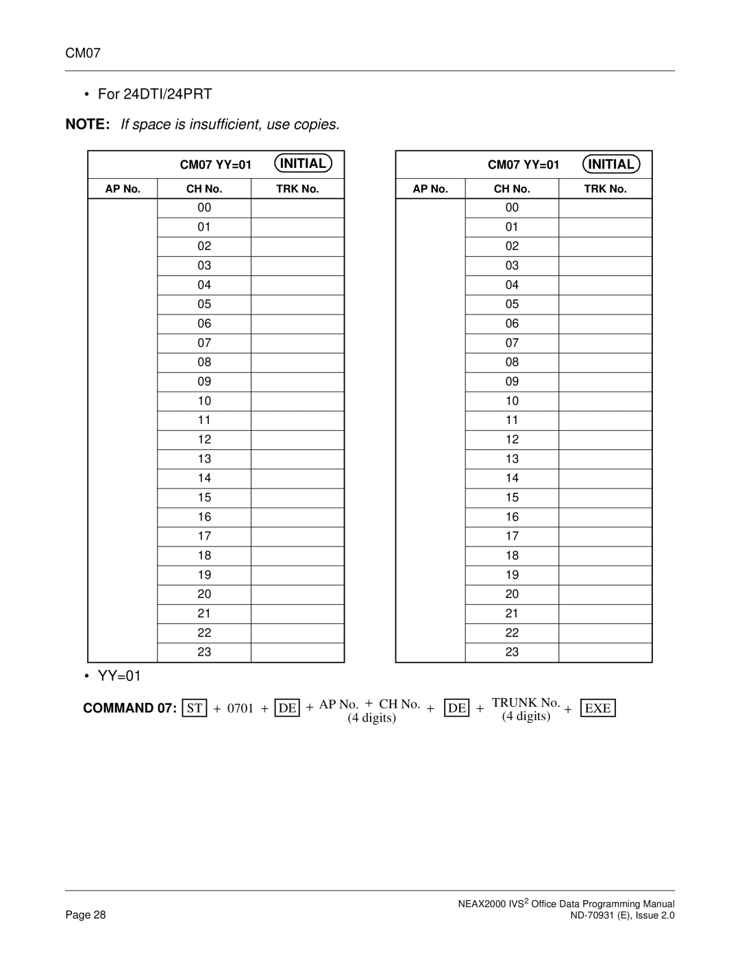 NEC NEAX2000 IVS2 manual For 24DTI/24PRT, CM07, Command 07 ST 