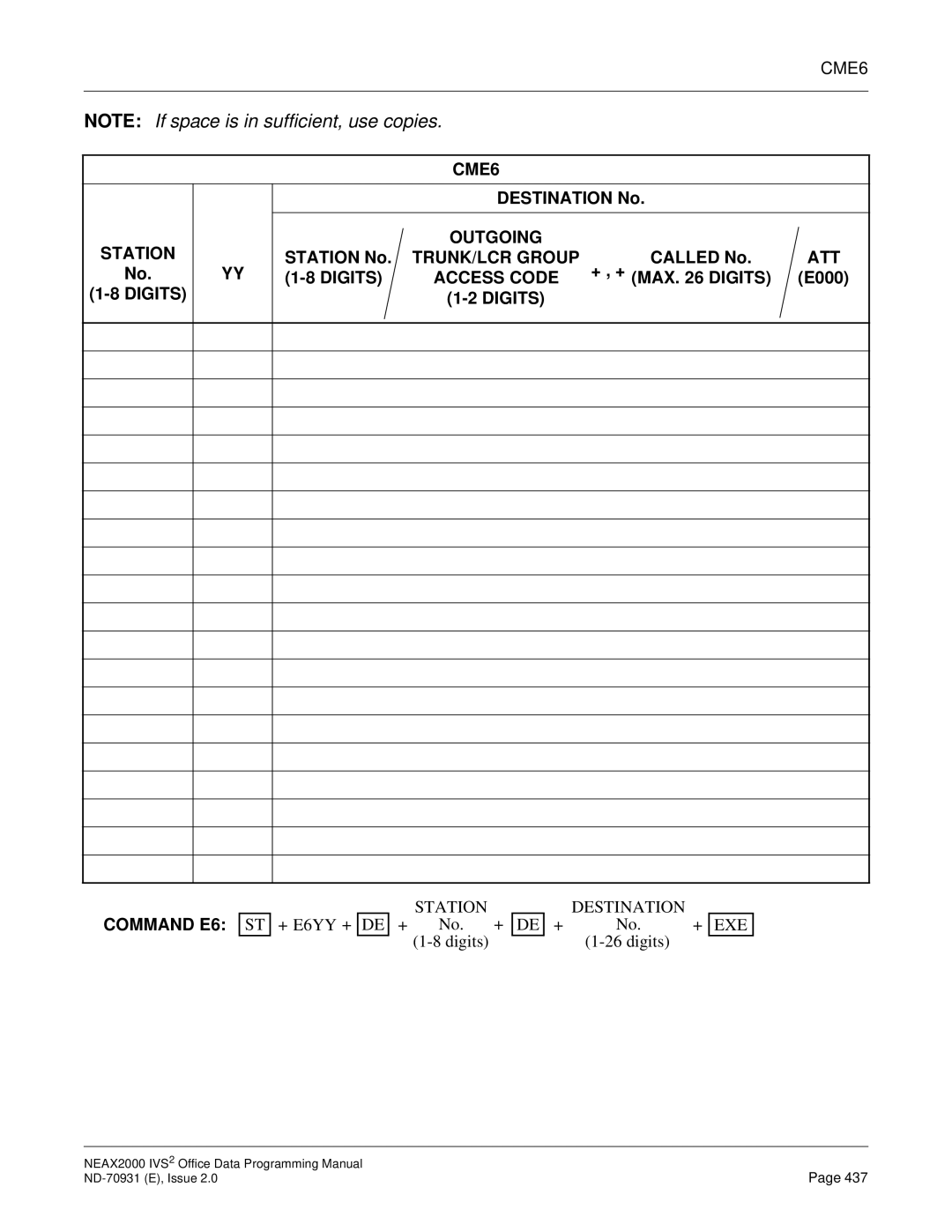 NEC NEAX2000 IVS2 manual CME6, Command E6 