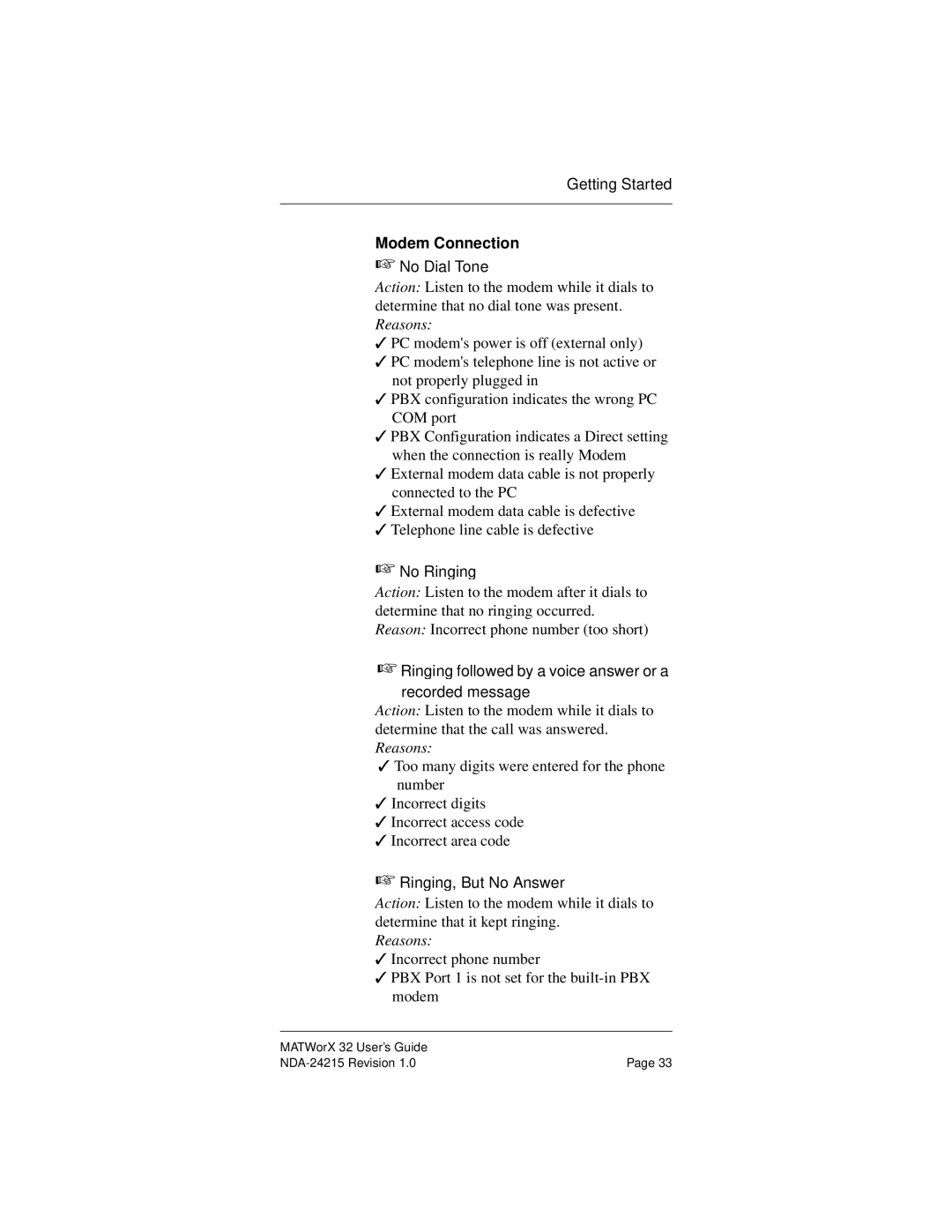 NEC NEAX2000IVS manual Modem Connection, No Dial Tone 