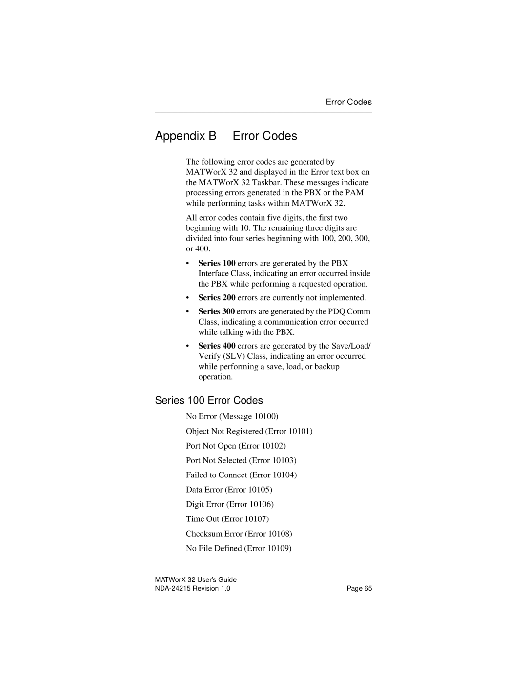 NEC NEAX2000IVS manual Appendix B Error Codes, Series 100 Error Codes 