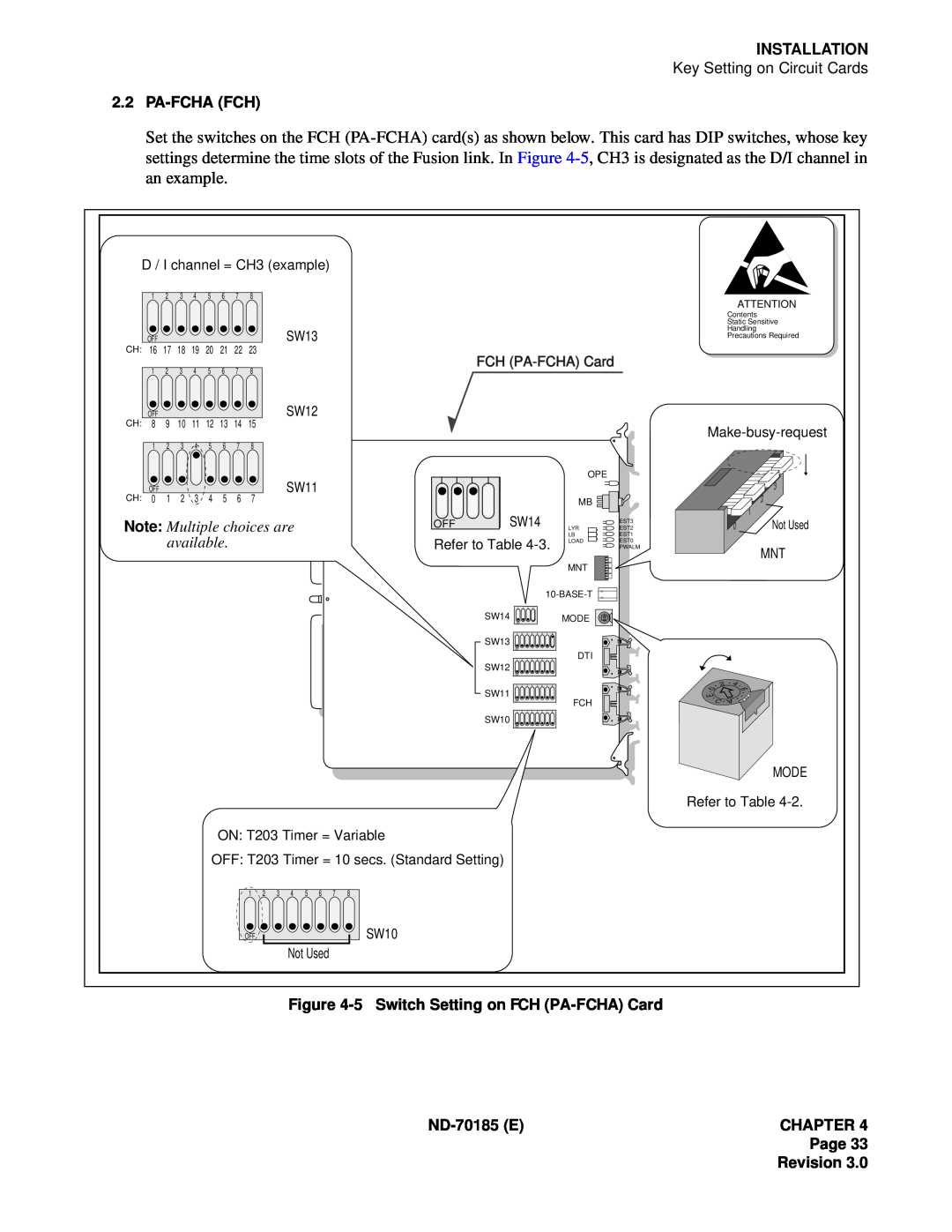 NEC NEAX2400 Installation, 2.2PA-FCHAFCH, available, 5Switch Setting on FCH PA-FCHACard, ND-70185ECHAPTER Page Revision 