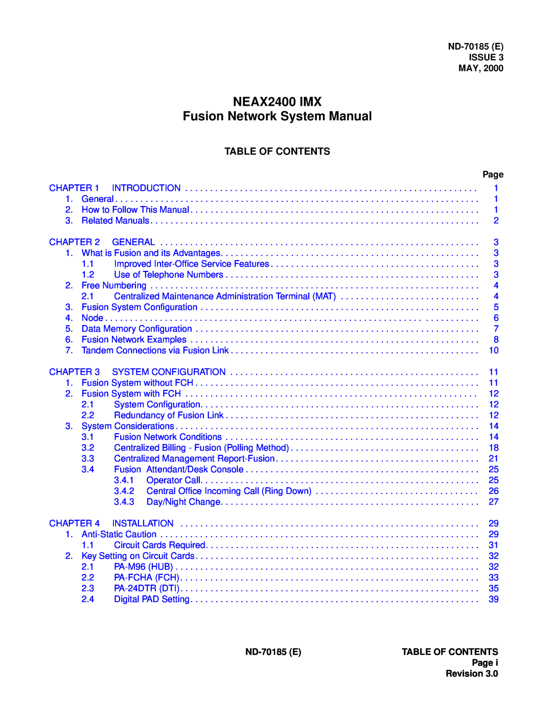 NEC system manual NEAX2400 IMX, Fusion Network System Manual, Table Of Contents, ND-70185E, Issue, May, Page 