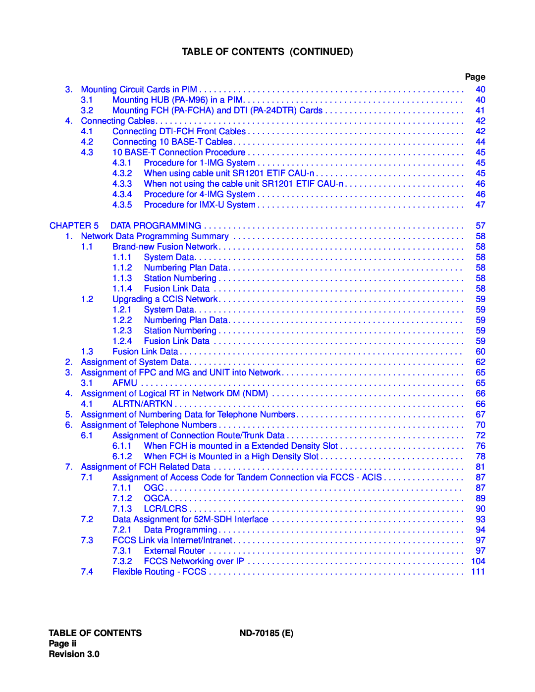 NEC NEAX2400 system manual Table Of Contents Continued, ND-70185E, Page Revision 