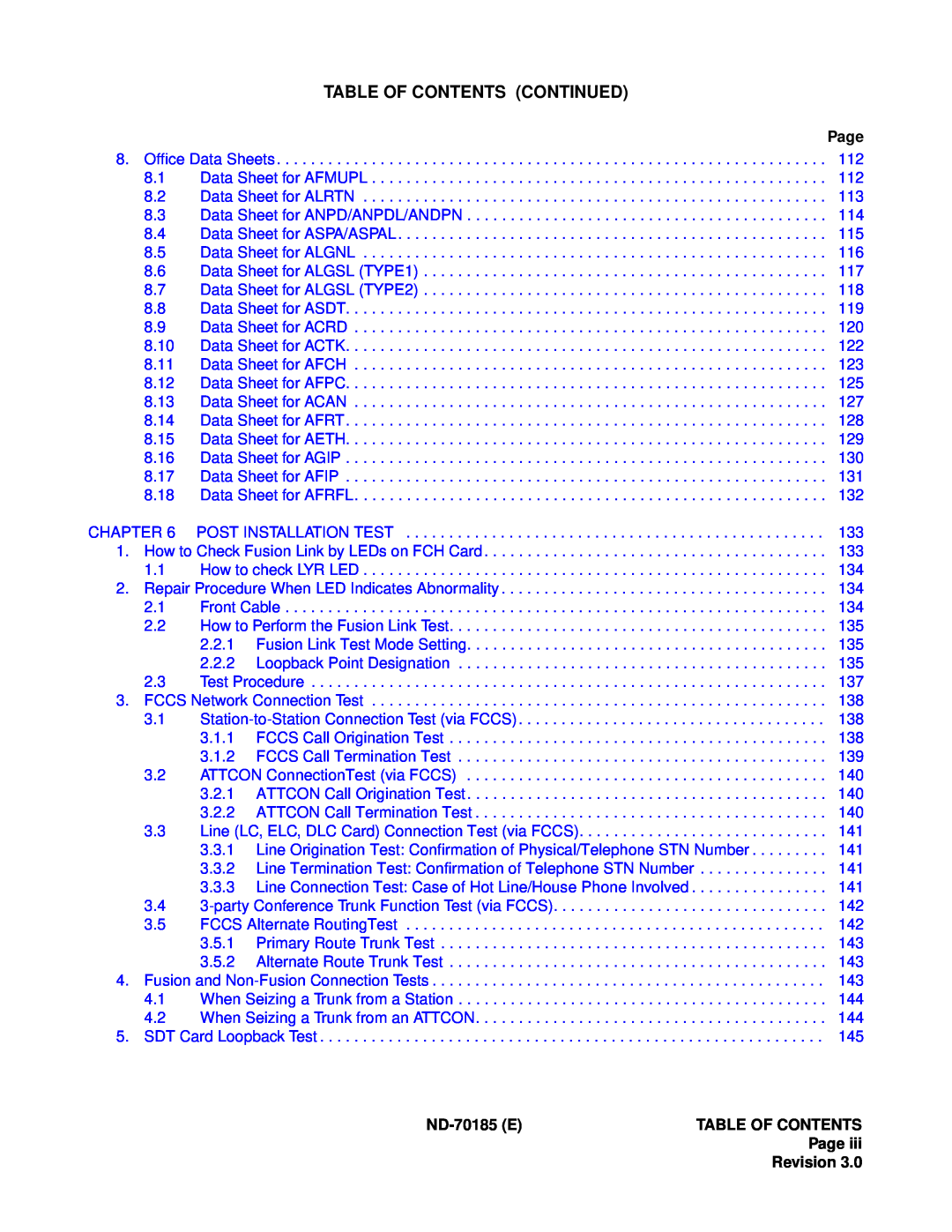 NEC NEAX2400 system manual Table Of Contents Continued, ND-70185ETABLE OF CONTENTS Page Revision 