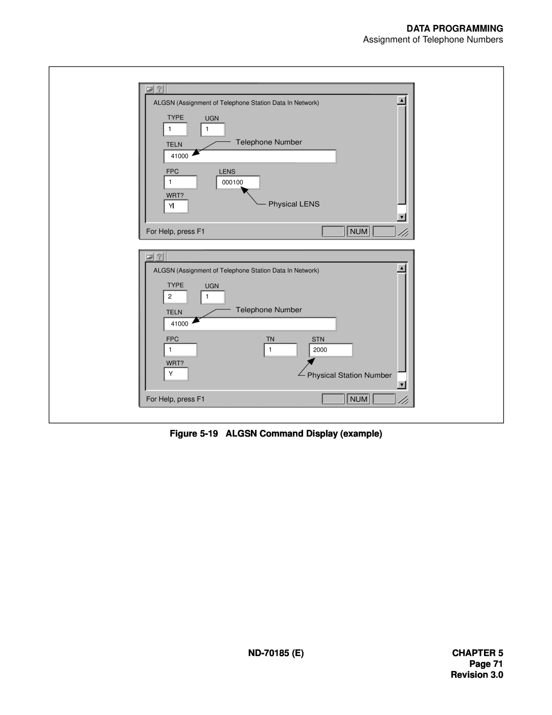 NEC NEAX2400 Data Programming, 19ALGSN Command Display example, ND-70185ECHAPTER Page Revision, Telephone Number 