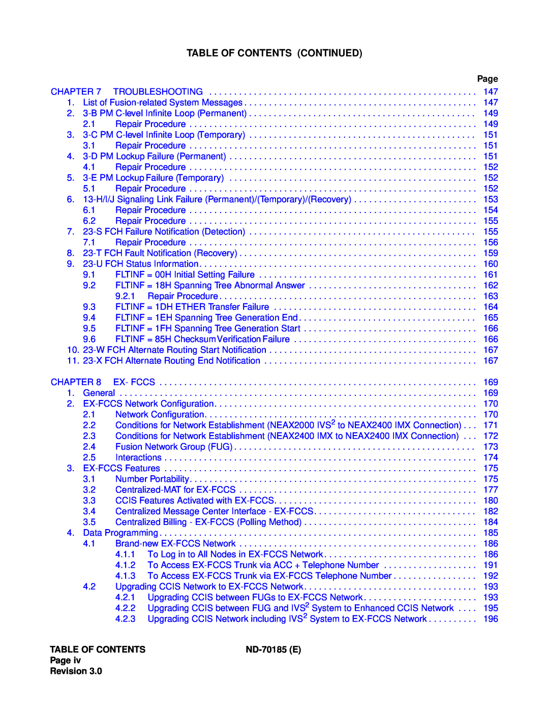 NEC NEAX2400 system manual Table Of Contents Continued, Chapter, ND-70185E, Page Revision 