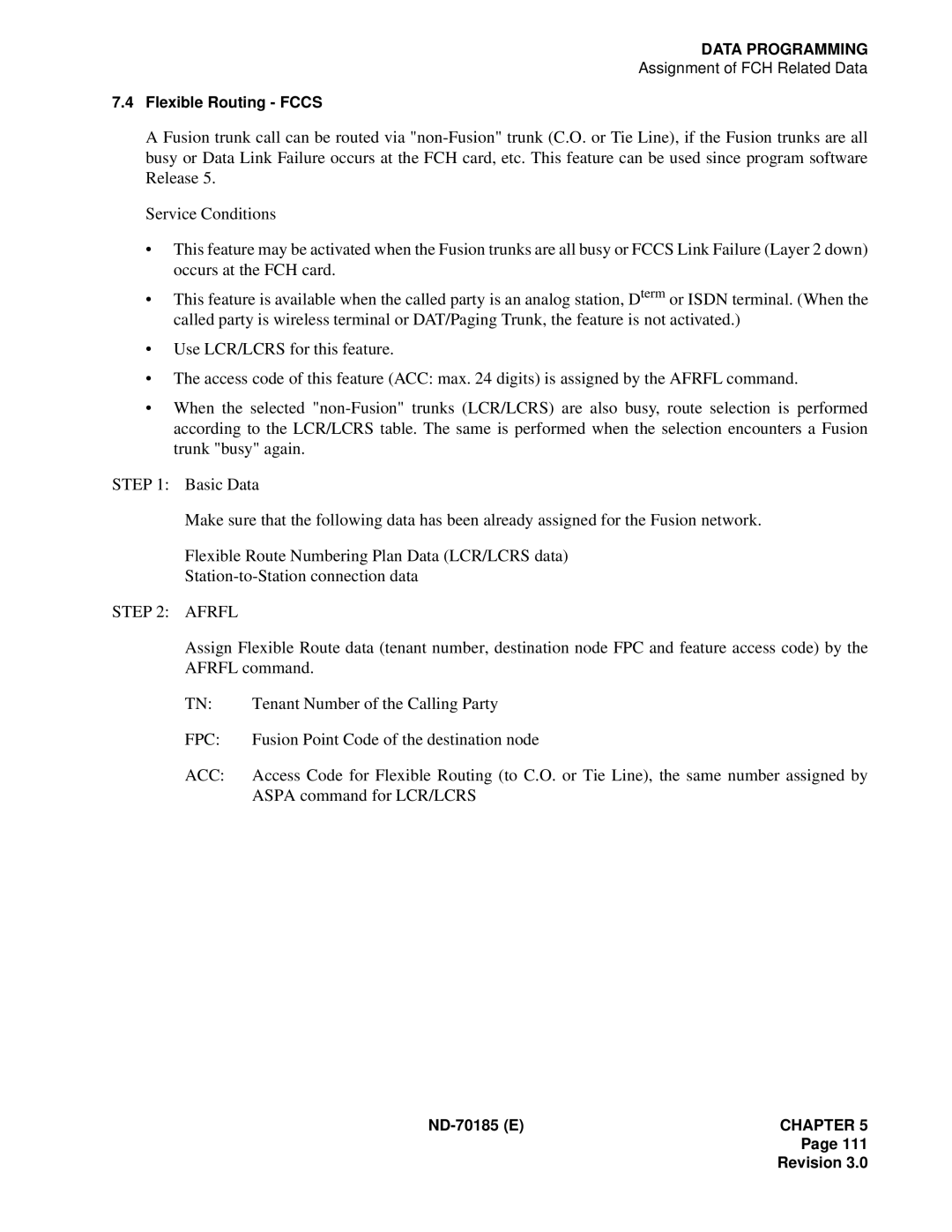 NEC NEAX2400 system manual Afrfl, Fpc, Fusion Point Code of the destination node, Acc, Aspa command for LCR/LCRS 