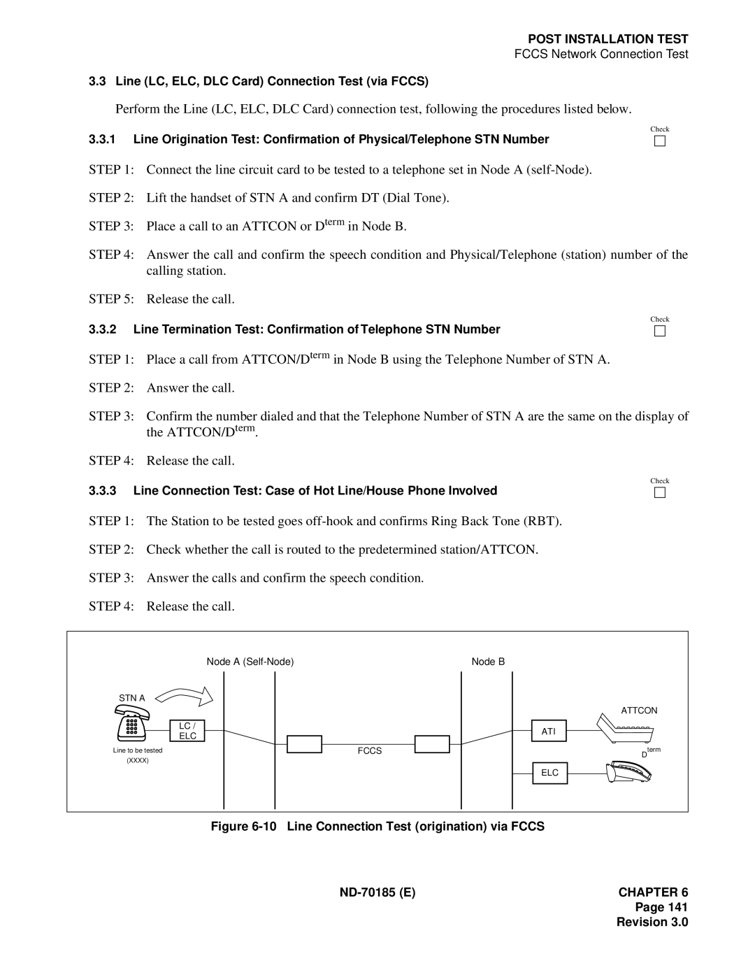 NEC NEAX2400 system manual Line LC, ELC, DLC Card Connection Test via Fccs 