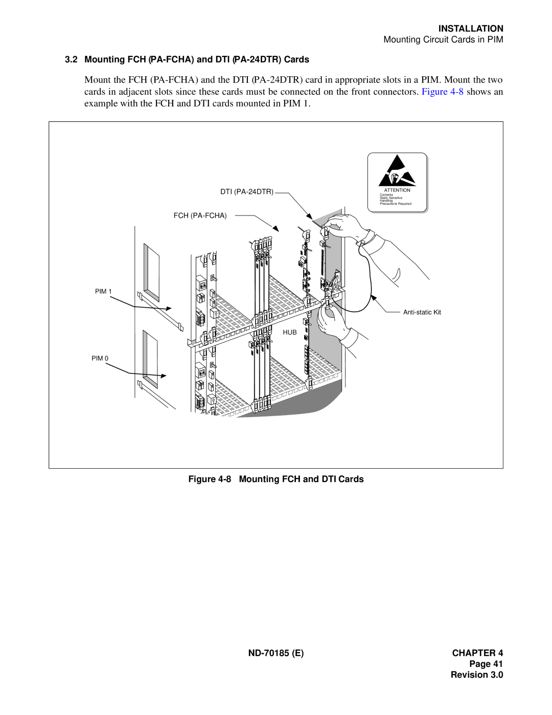 NEC NEAX2400 system manual Mounting FCH and DTI Cards ND-70185 Echapter Revision 