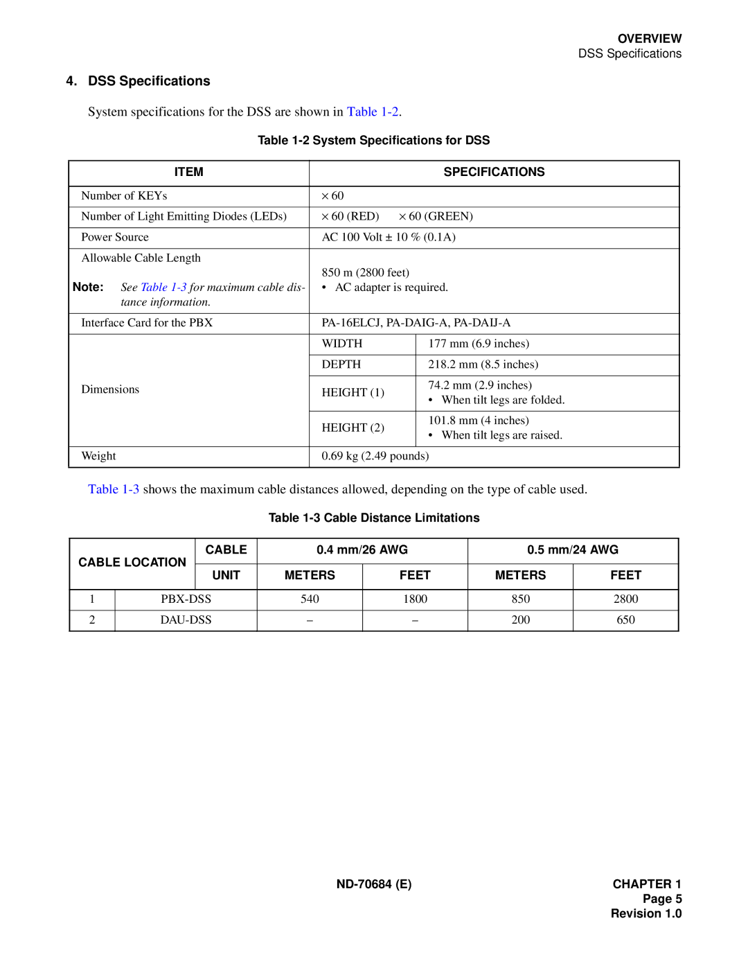 NEC NEAX2400IMX system manual DSS Specifications, System specifications for the DSS are shown in Table 