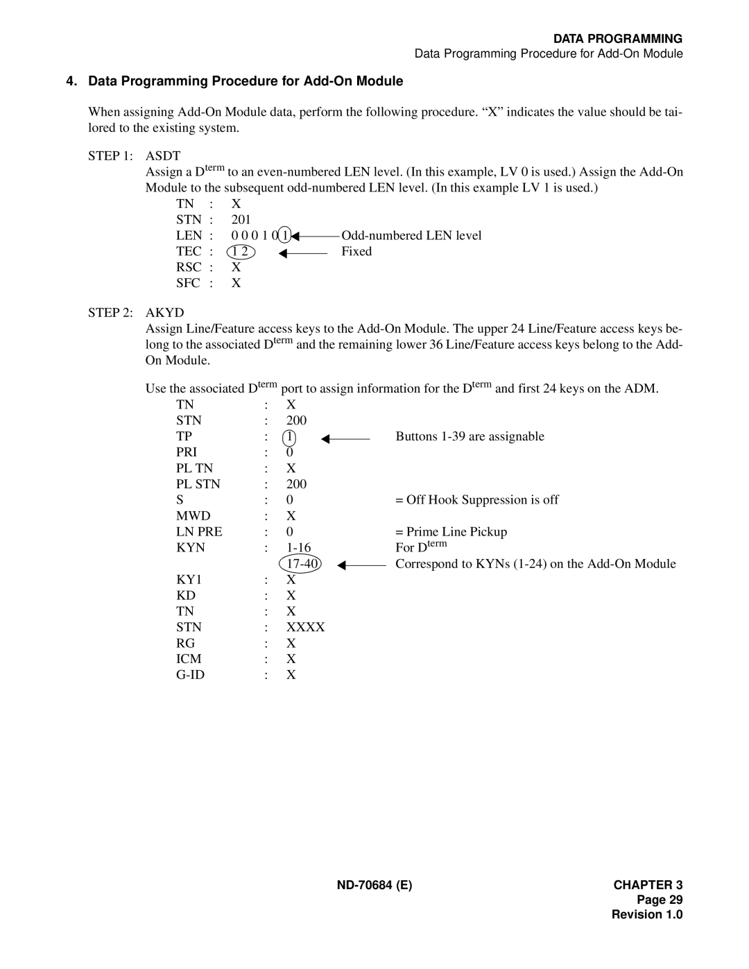 NEC NEAX2400IMX system manual Data Programming Procedure for Add-On Module, Asdt, Pri Pl Tn Pl Stn, Kyn, KY1 STN Xxxx ICM 