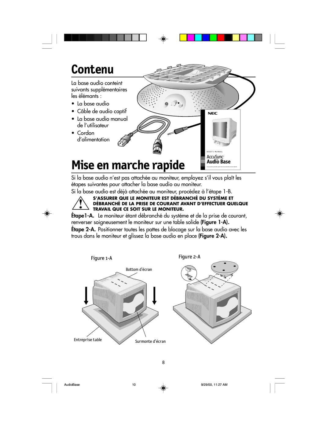 NEC NEC Display Solutions USER'S MANUAL AccuSync user manual Contenu, Mise en marche rapide 