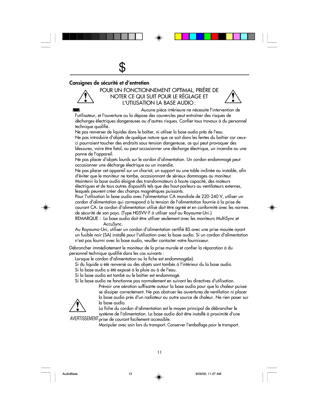 NEC NEC Display Solutions USER'S MANUAL AccuSync user manual Usage recommandé, Consignes de sécurité et d’entretien 