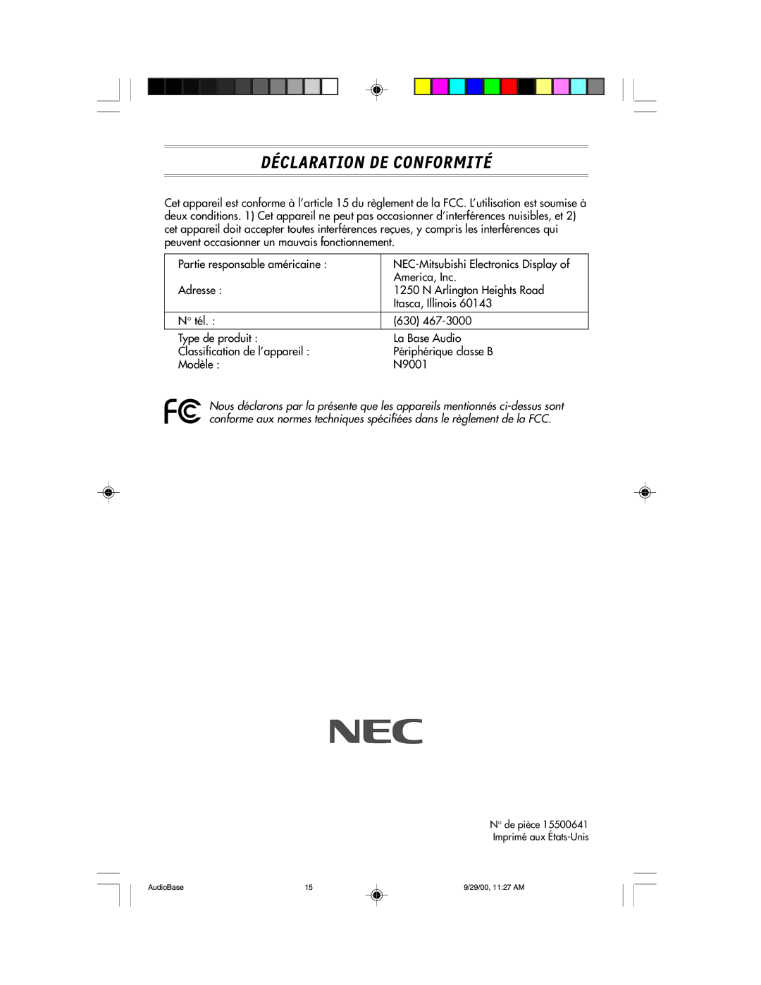 NEC NEC Display Solutions USER'S MANUAL AccuSync user manual Déclaration DE Conformité 