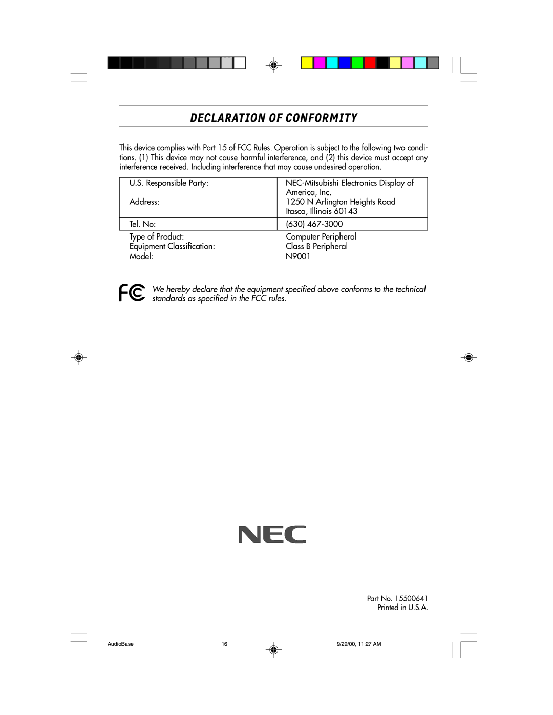 NEC NEC Display Solutions USER'S MANUAL AccuSync user manual Declaration of Conformity 