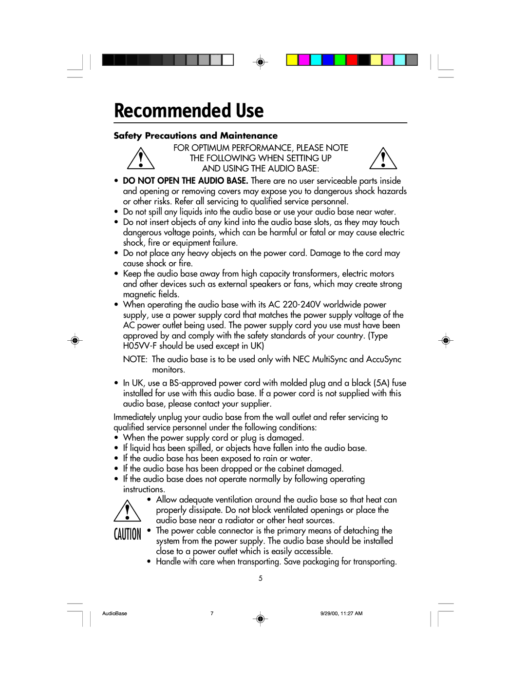 NEC NEC Display Solutions USER'S MANUAL AccuSync user manual Recommended Use, Safety Precautions and Maintenance 