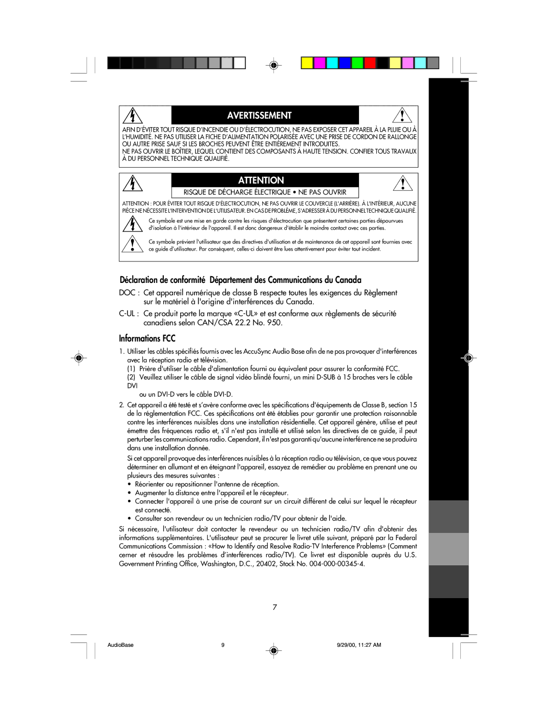 NEC NEC Display Solutions USER'S MANUAL AccuSync user manual Avertissement, Informations FCC 