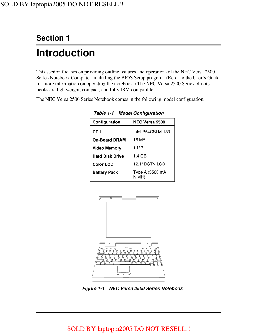 NEC NEC Versa 2500 Series User's Guide 25-10584-00 warranty Model Configuration, Configuration NEC Versa, Intel P54CSLM-133 