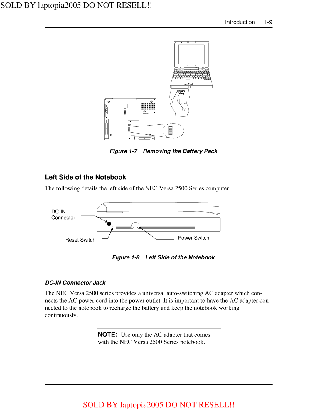 NEC NEC Versa 2500 Series User's Guide 25-10584-00 warranty Left Side of the Notebook, Removing the Battery Pack 