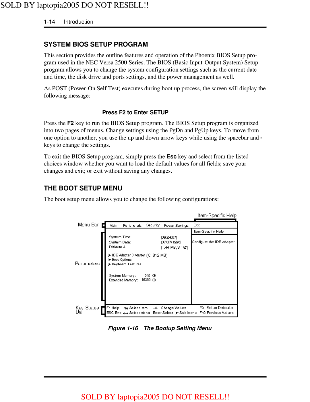 NEC NEC Computer Systems Division, Packard Bell NEC, Inc warranty System Bios Setup Program, Boot Setup Menu 