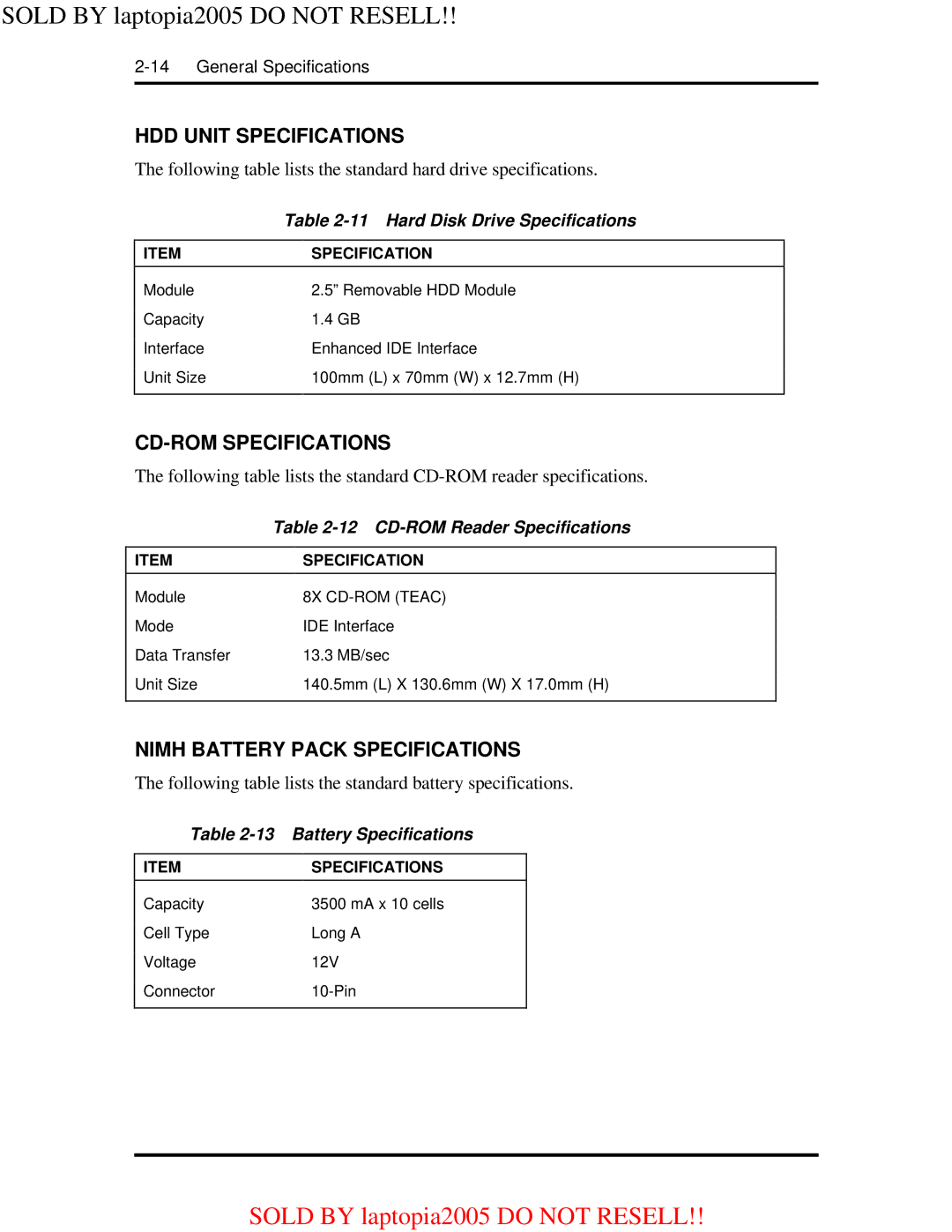 NEC NEC Versa 2500 Series User's Guide 25-10584-00 warranty HDD Unit Specifications, CD-ROM Specifications 