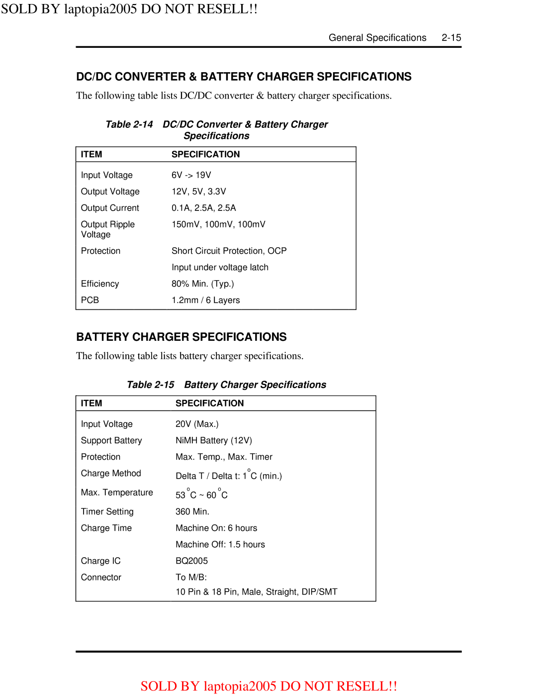 NEC NEC Computer Systems Division, Packard Bell NEC, Inc warranty DC/DC Converter & Battery Charger Specifications 