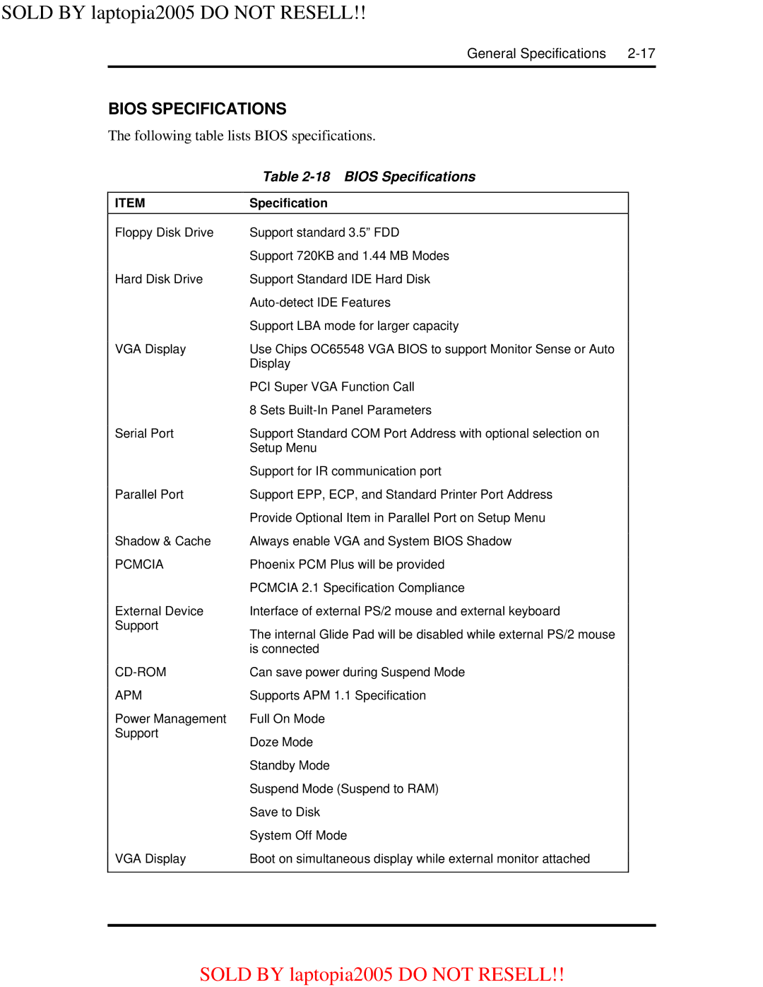 NEC NEC Computer Systems Division, Packard Bell NEC, Inc Bios Specifications, Following table lists Bios specifications 