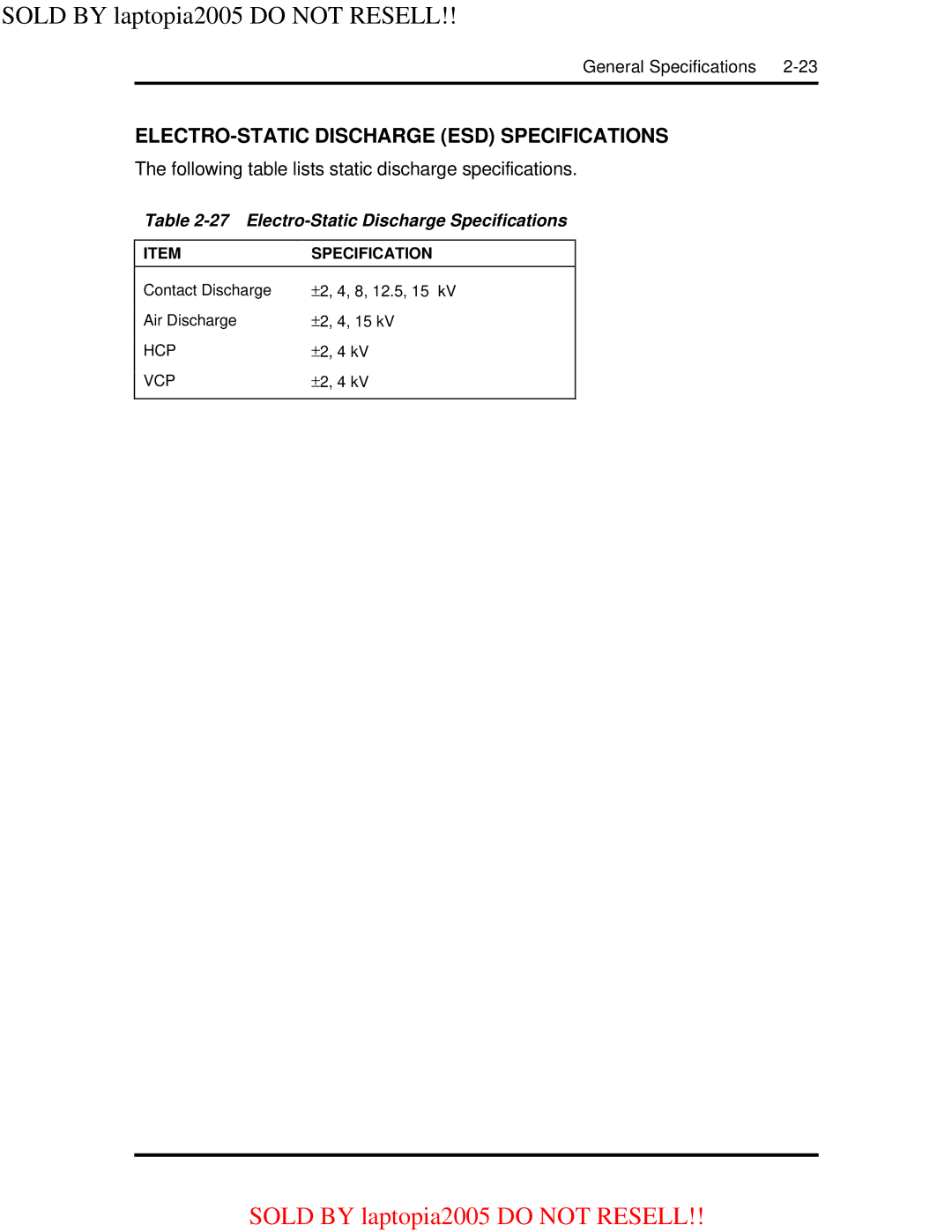 NEC NEC Computer Systems Division, Packard Bell NEC, Inc warranty ELECTRO-STATIC Discharge ESD Specifications 