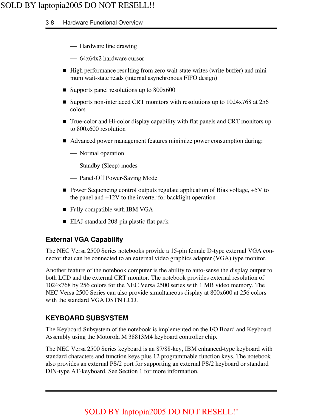 NEC NEC Computer Systems Division, Packard Bell NEC, Inc warranty External VGA Capability, Keyboard Subsystem 