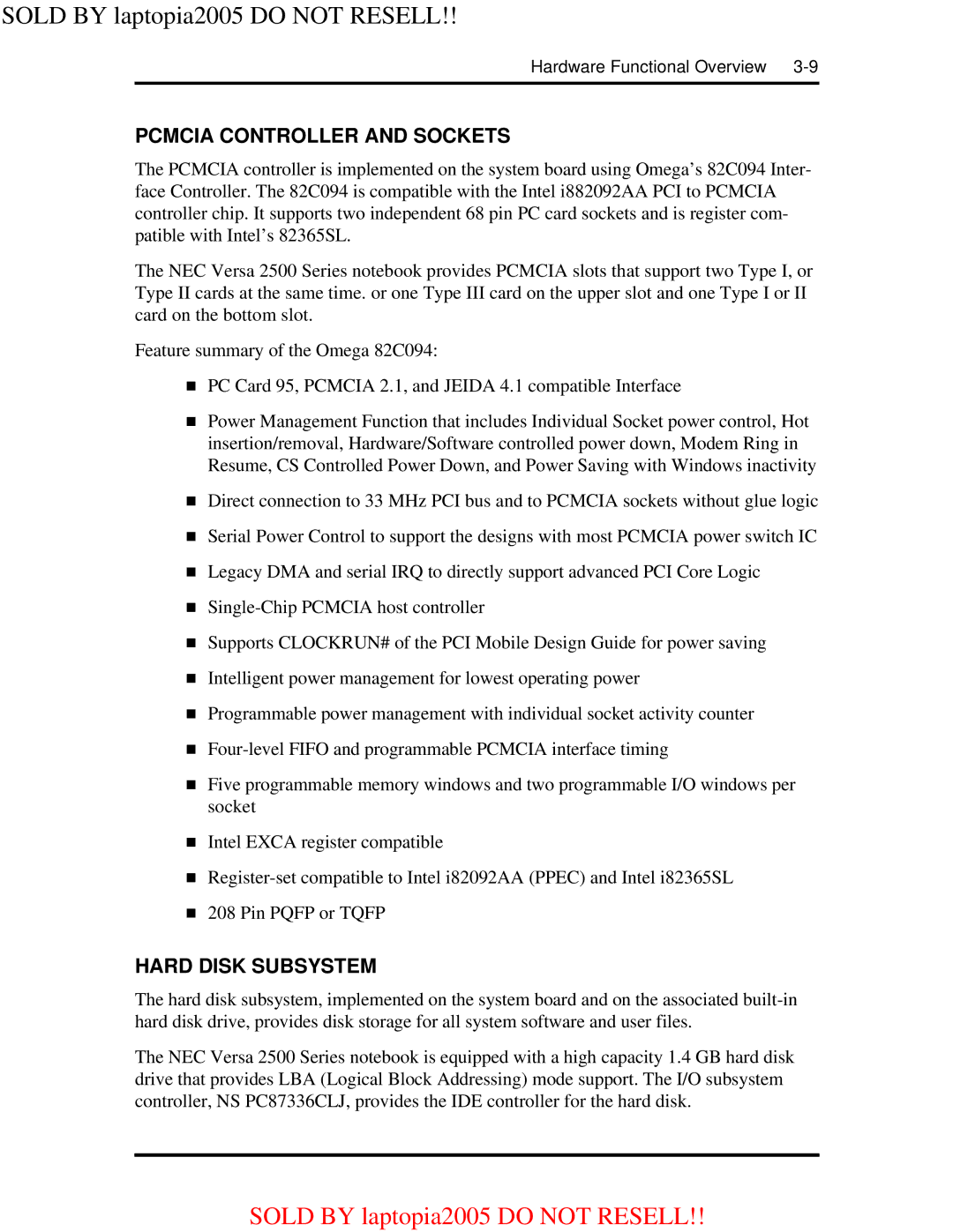 NEC NEC Versa 2500 Series User's Guide 25-10584-00 warranty Pcmcia Controller and Sockets, Hard Disk Subsystem 