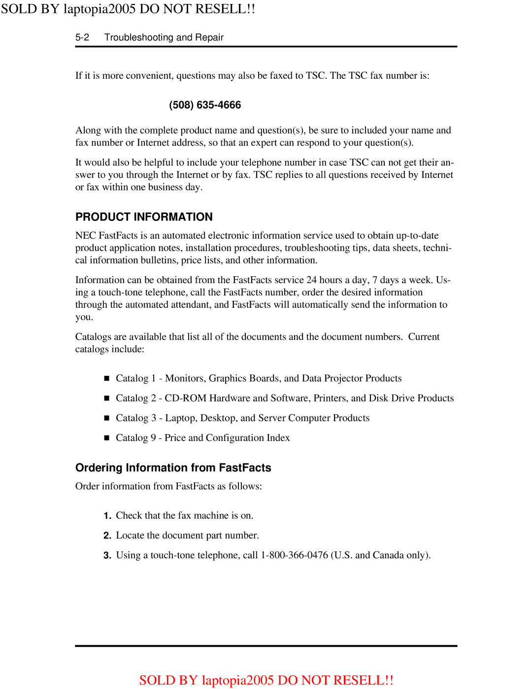 NEC NEC Versa 2500 Series User's Guide 25-10584-00 warranty Product Information, Ordering Information from FastFacts 