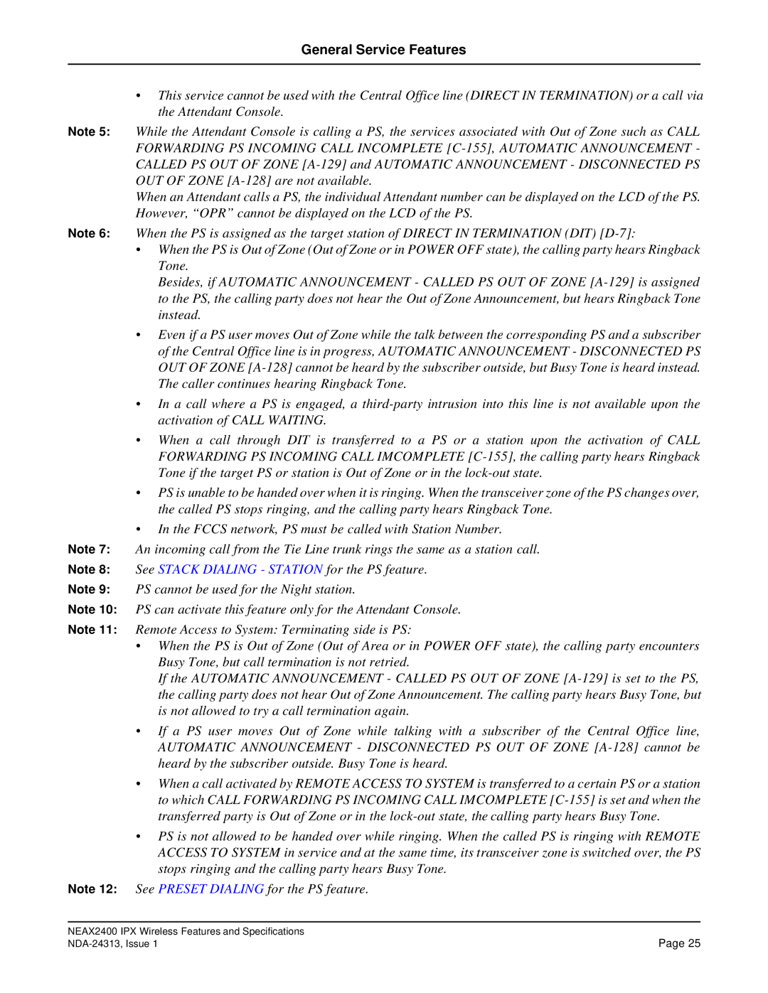 NEC nec specifications General Service Features 