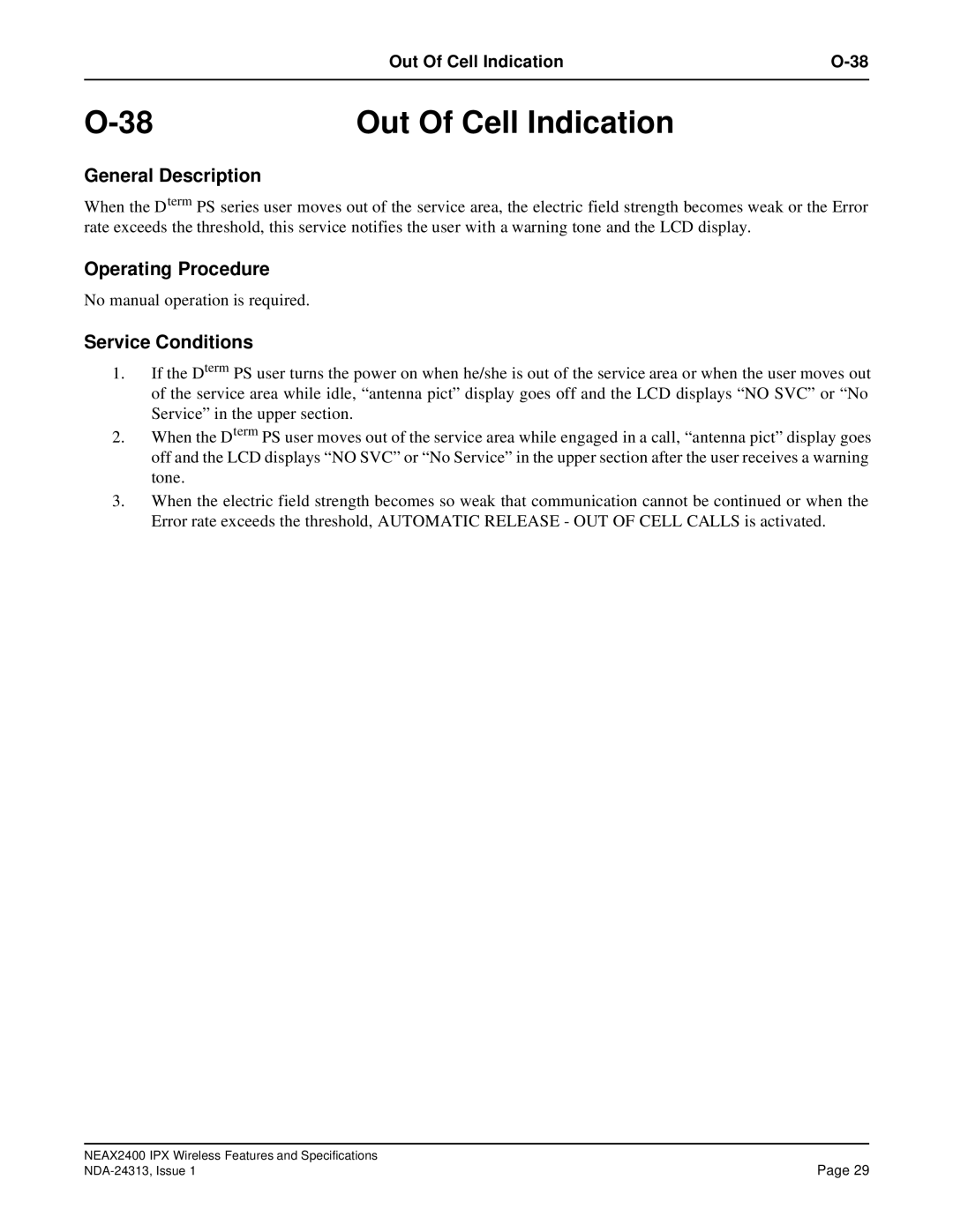 NEC nec specifications Out Of Cell Indication 