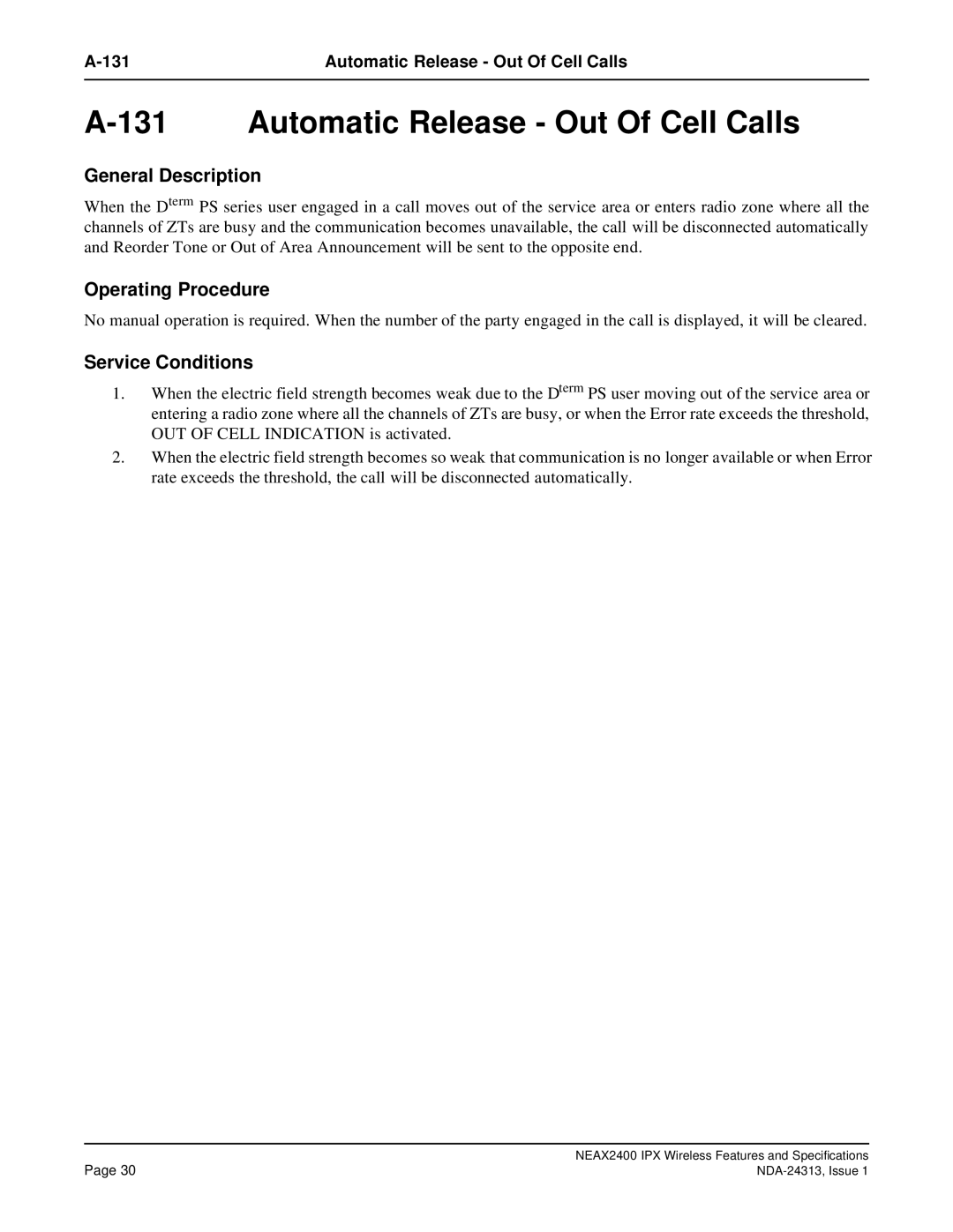 NEC nec specifications Automatic Release Out Of Cell Calls 