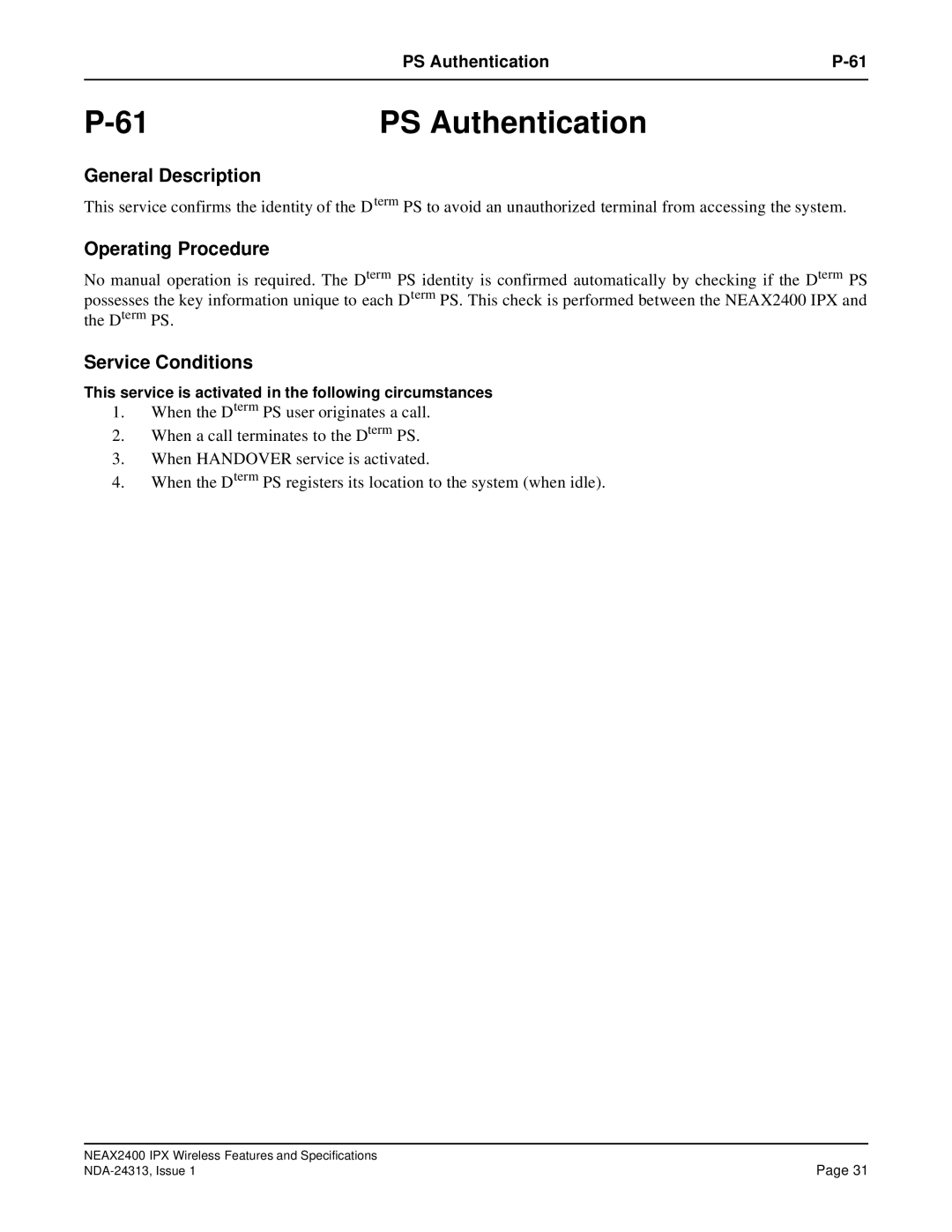 NEC nec specifications PS Authentication 