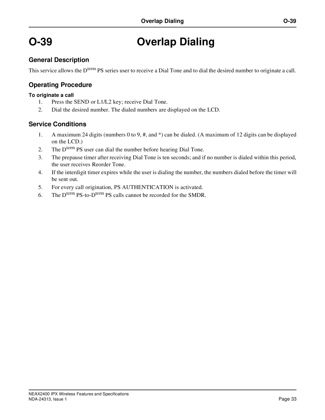 NEC nec specifications Overlap Dialing 