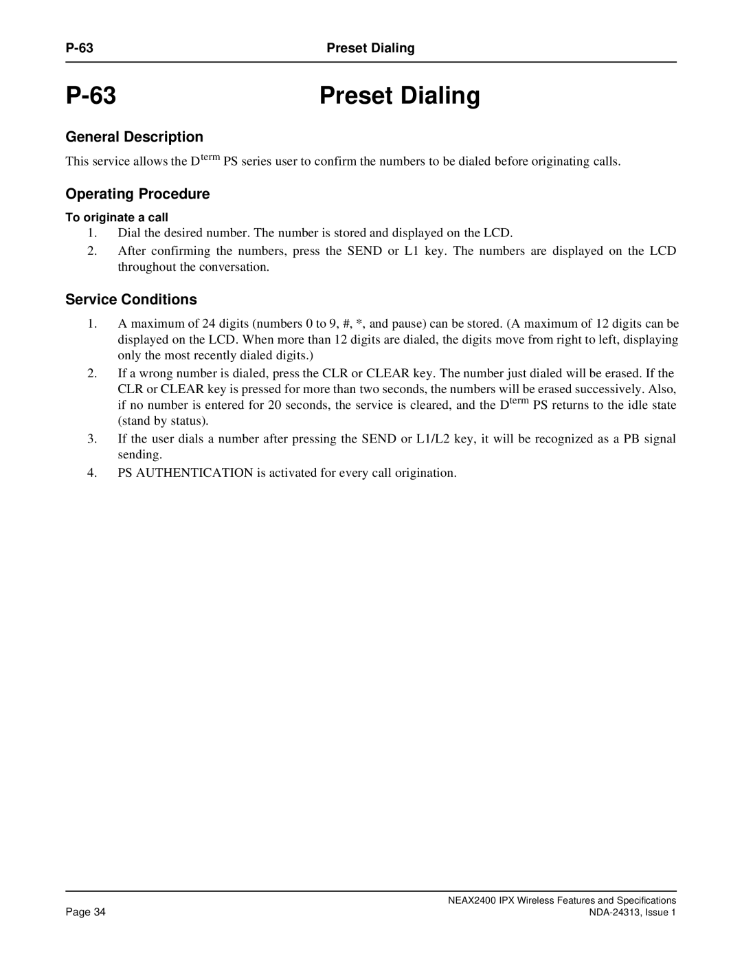 NEC nec specifications Preset Dialing 